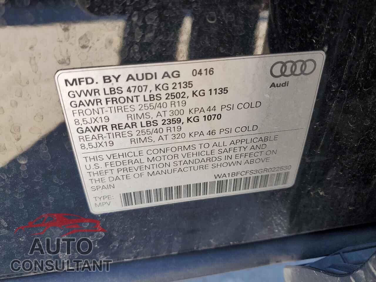 AUDI Q3 2016 - WA1BFCFS3GR022530