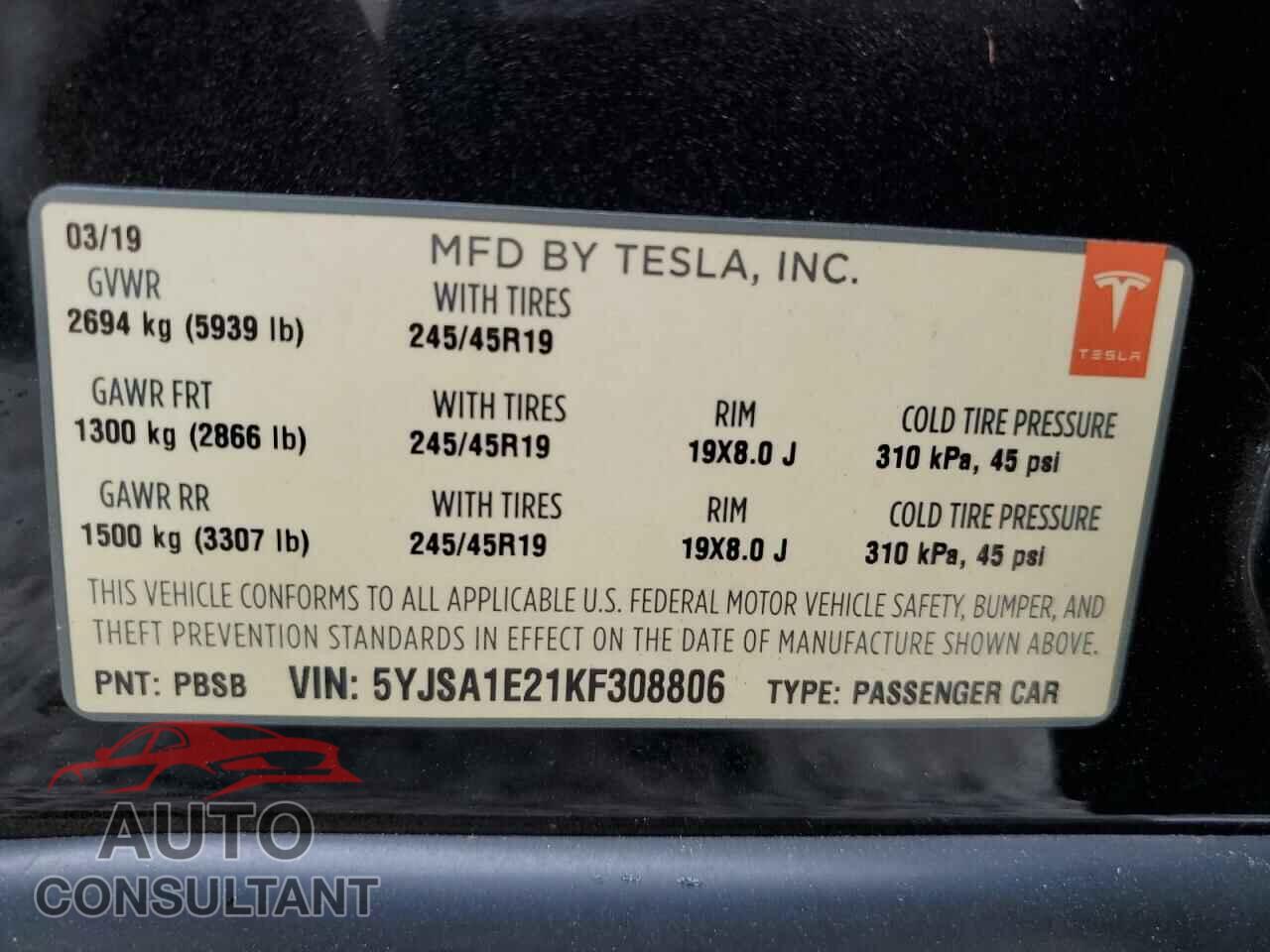 TESLA MODEL S 2019 - 5YJSA1E21KF308806