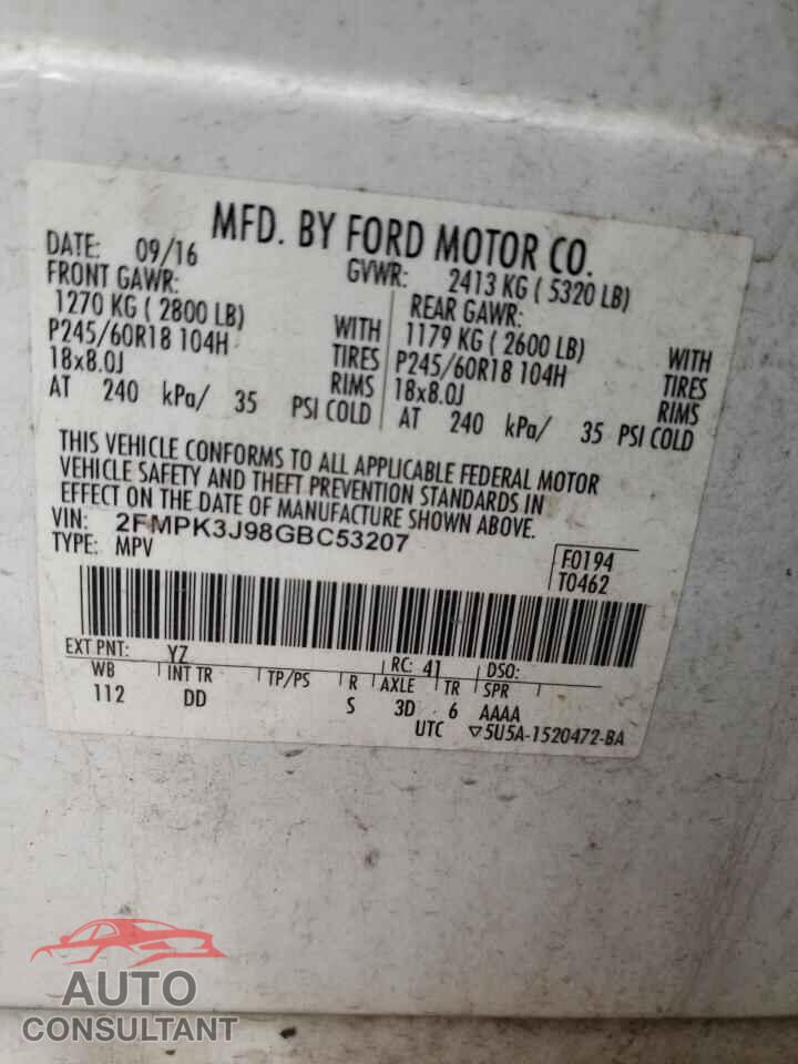 FORD EDGE 2016 - 2FMPK3J98GBC53207