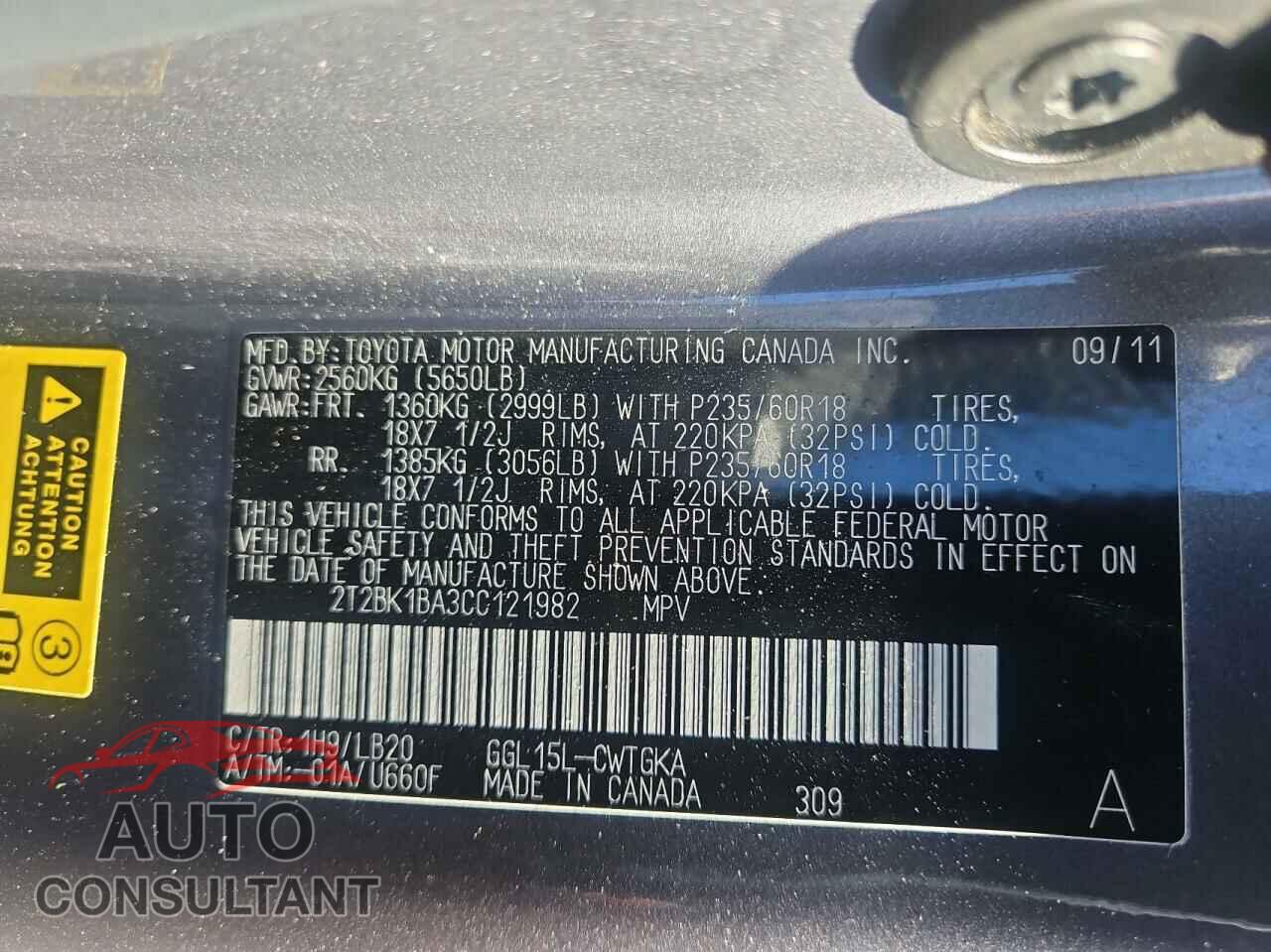 LEXUS RX350 2012 - 2T2BK1BA3CC121982