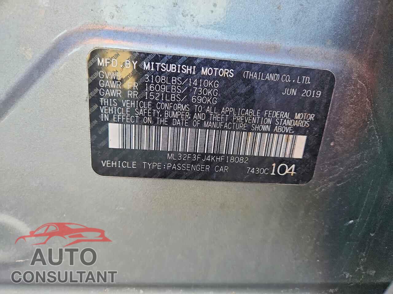 MITSUBISHI MIRAGE 2019 - ML32F3FJ4KHF18082