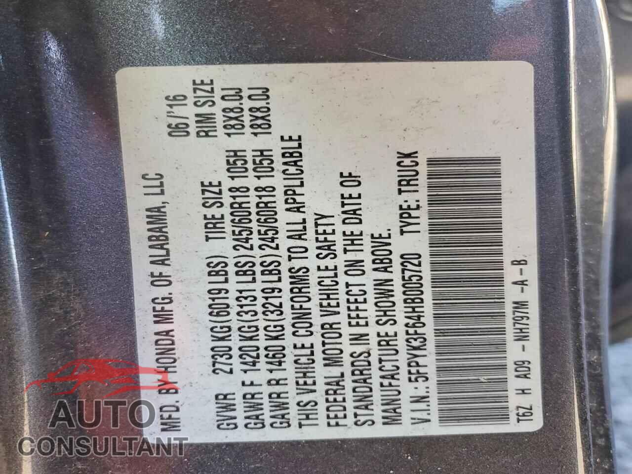 HONDA RIDGELINE 2017 - 5FPYK3F64HB005720