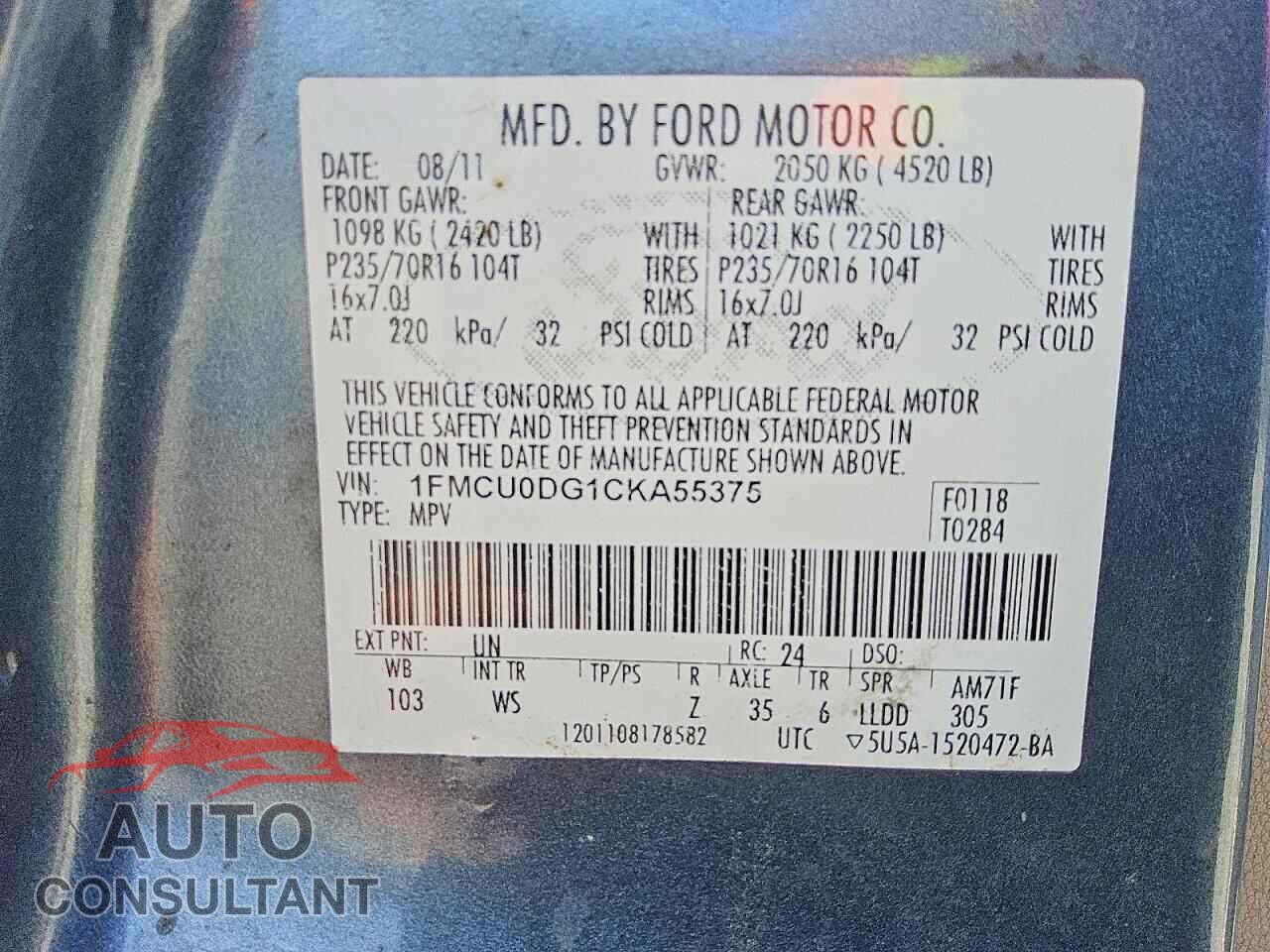FORD ESCAPE 2012 - 1FMCU0DG1CKA55375