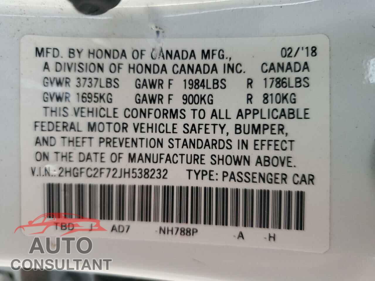 HONDA CIVIC 2018 - 2HGFC2F72JH538232