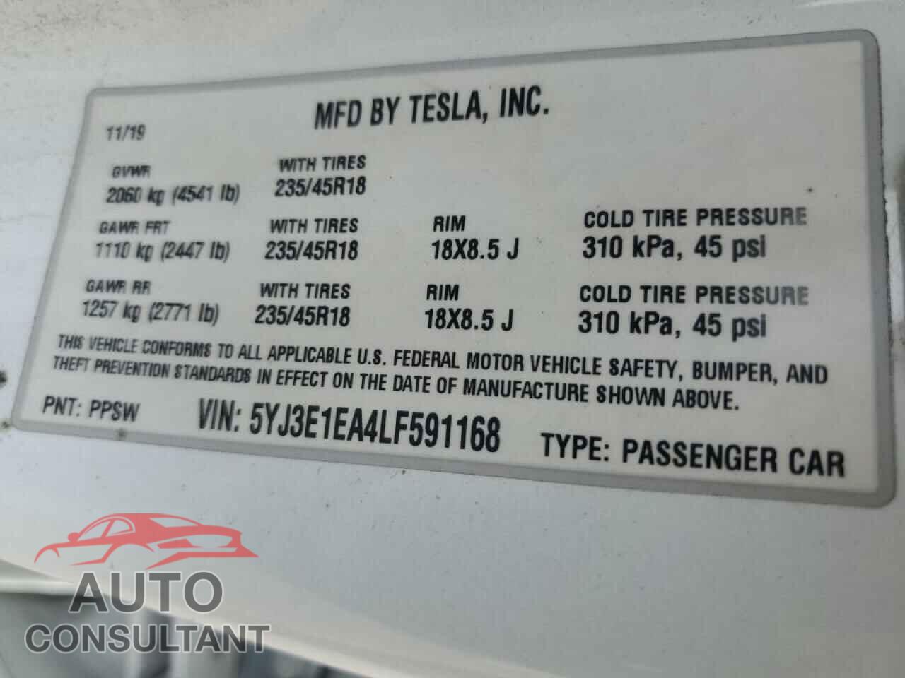 TESLA MODEL 3 2020 - 5YJ3E1EA4LF591168