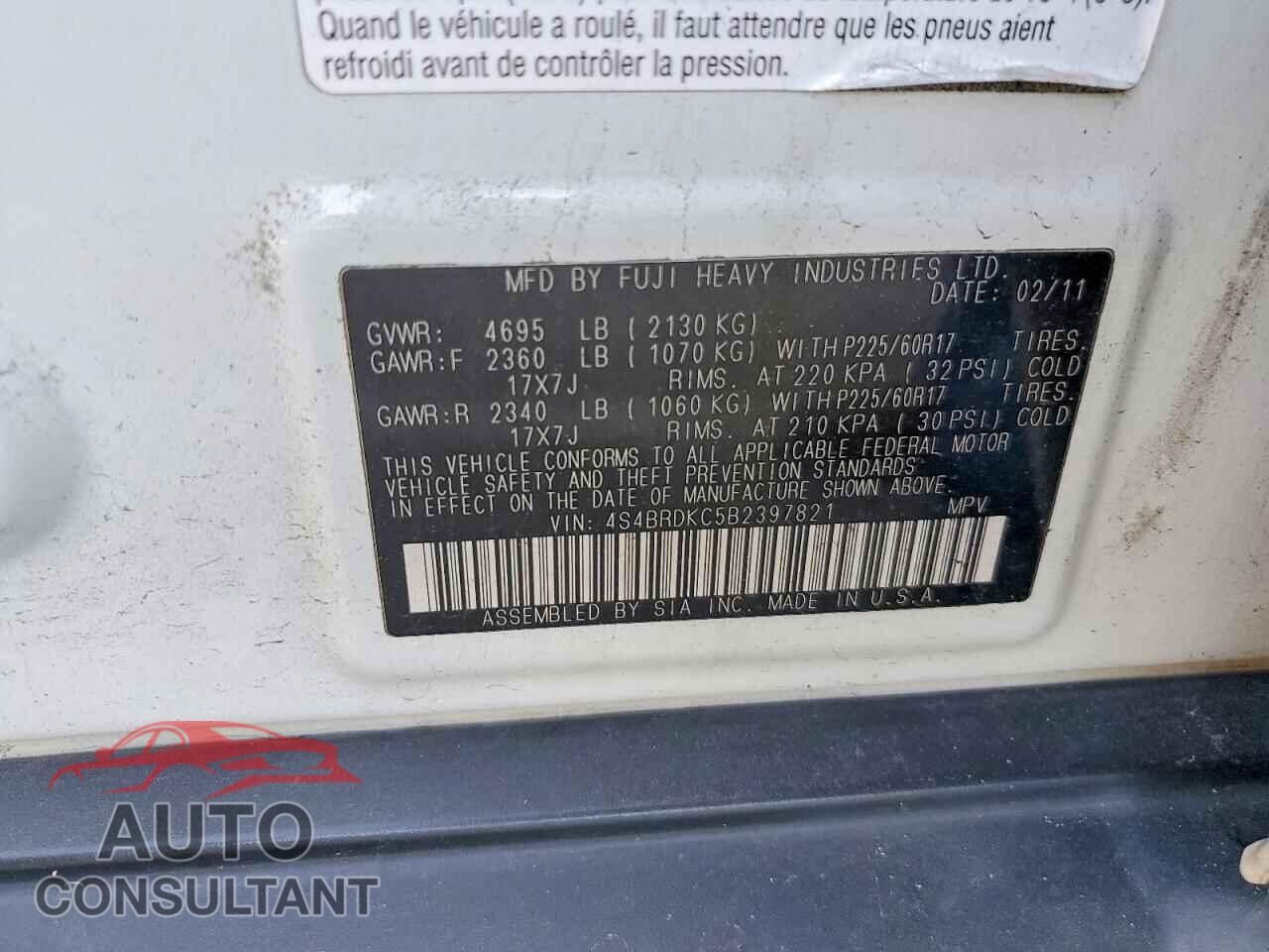 SUBARU OUTBACK 2011 - 4S4BRDKC5B2397821