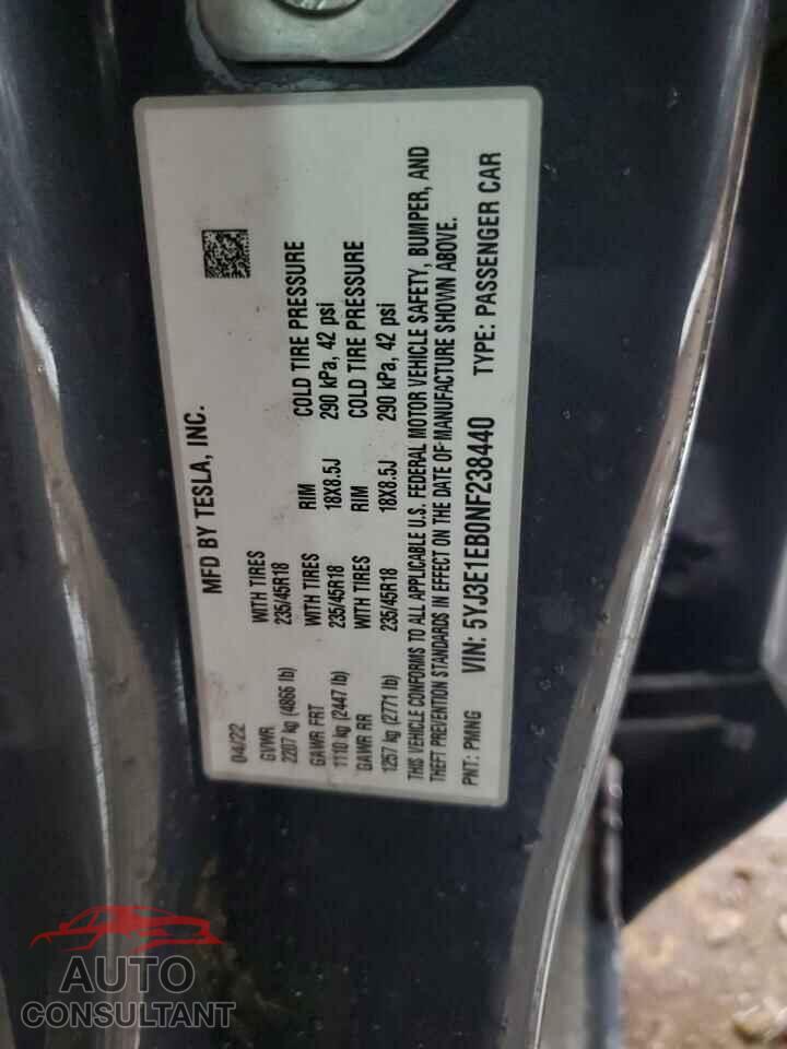TESLA MODEL 3 2022 - 5YJ3E1EB0NF238440