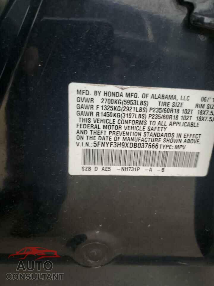 HONDA PILOT 2013 - 5FNYF3H9XDB037666