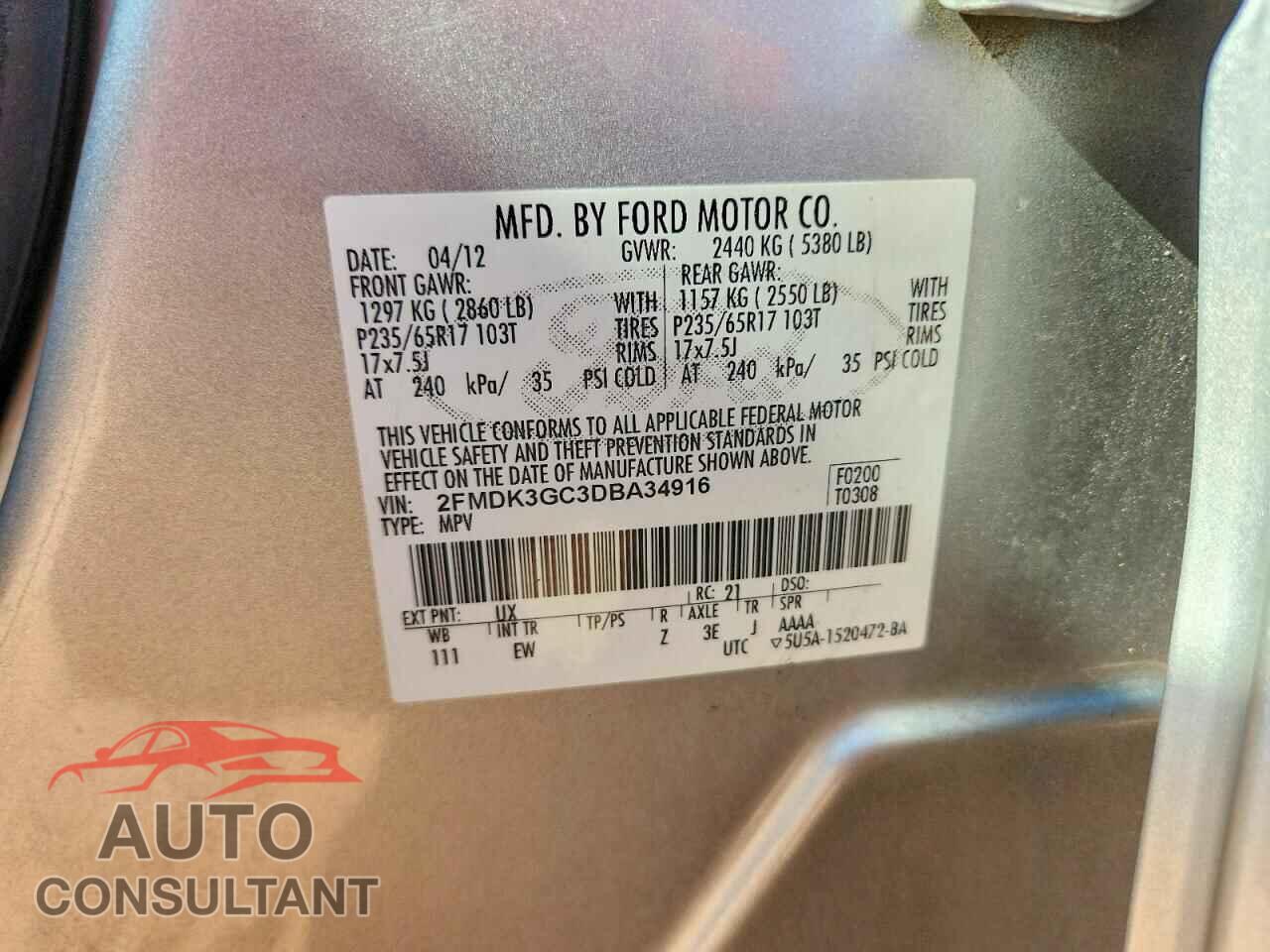 FORD EDGE 2013 - 2FMDK3GC3DBA34916