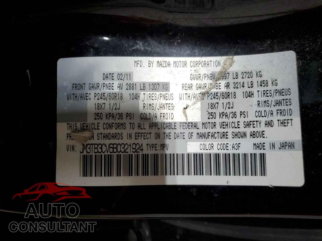 MAZDA CX-9 2011 - JM3TB3CV6B0321924