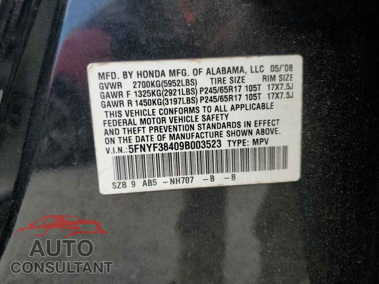 HONDA PILOT 2009 - 5FNYF38409B003523