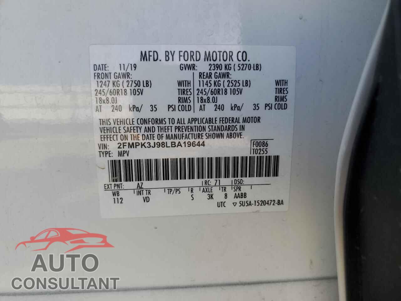 FORD EDGE 2020 - 2FMPK3J98LBA19644