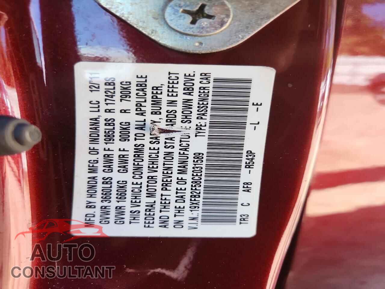 HONDA CIVIC 2012 - 19XFB2F58CE031589