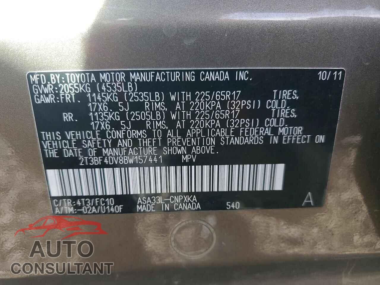 TOYOTA RAV4 2011 - 2T3BF4DV8BW157441