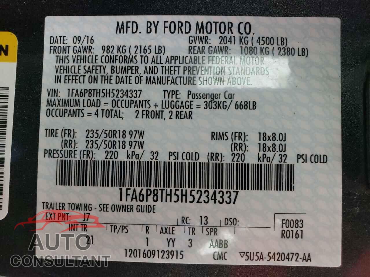 FORD MUSTANG 2017 - 1FA6P8TH5H5234337