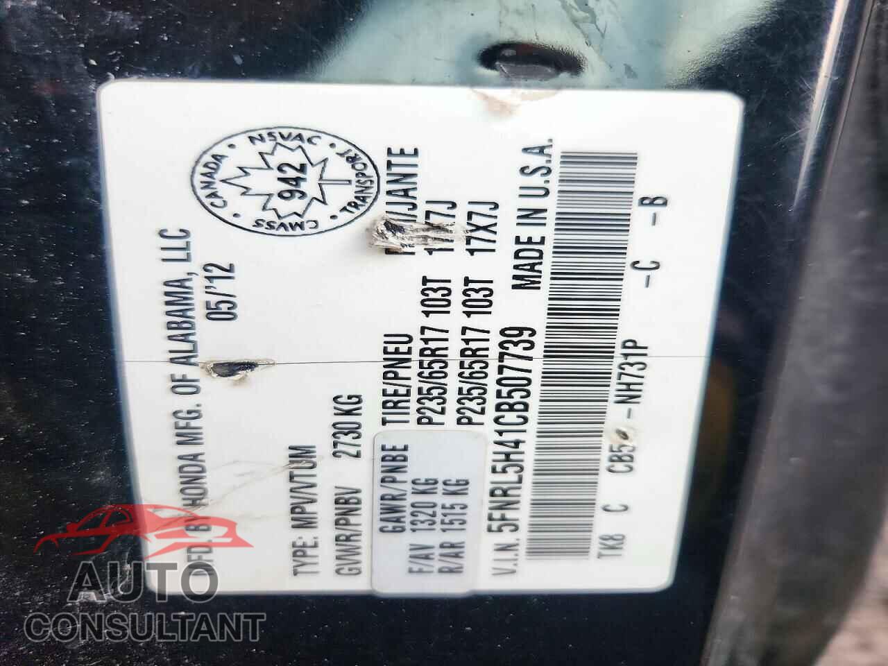 HONDA ODYSSEY 2012 - 5FNRL5H41CB507739
