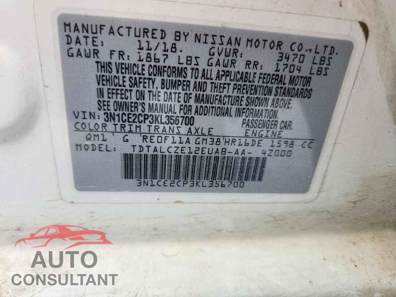 NISSAN VERSA 2019 - 3N1CE2CP3KL356700