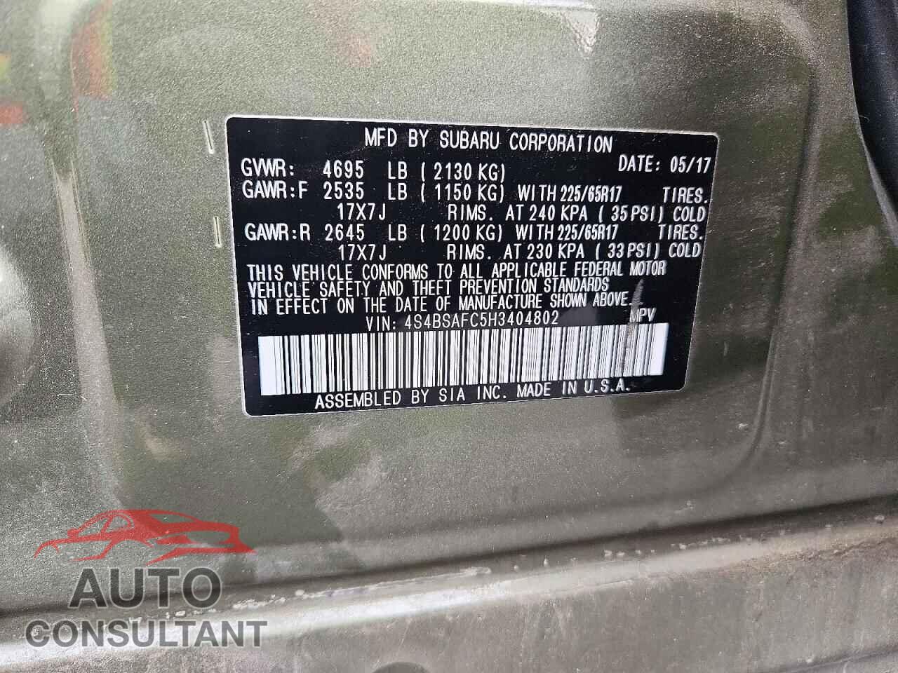 SUBARU OUTBACK 2017 - 4S4BSAFC5H3404802