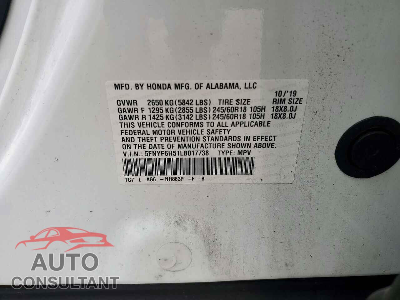 HONDA PILOT 2020 - 5FNYF6H51LB017738