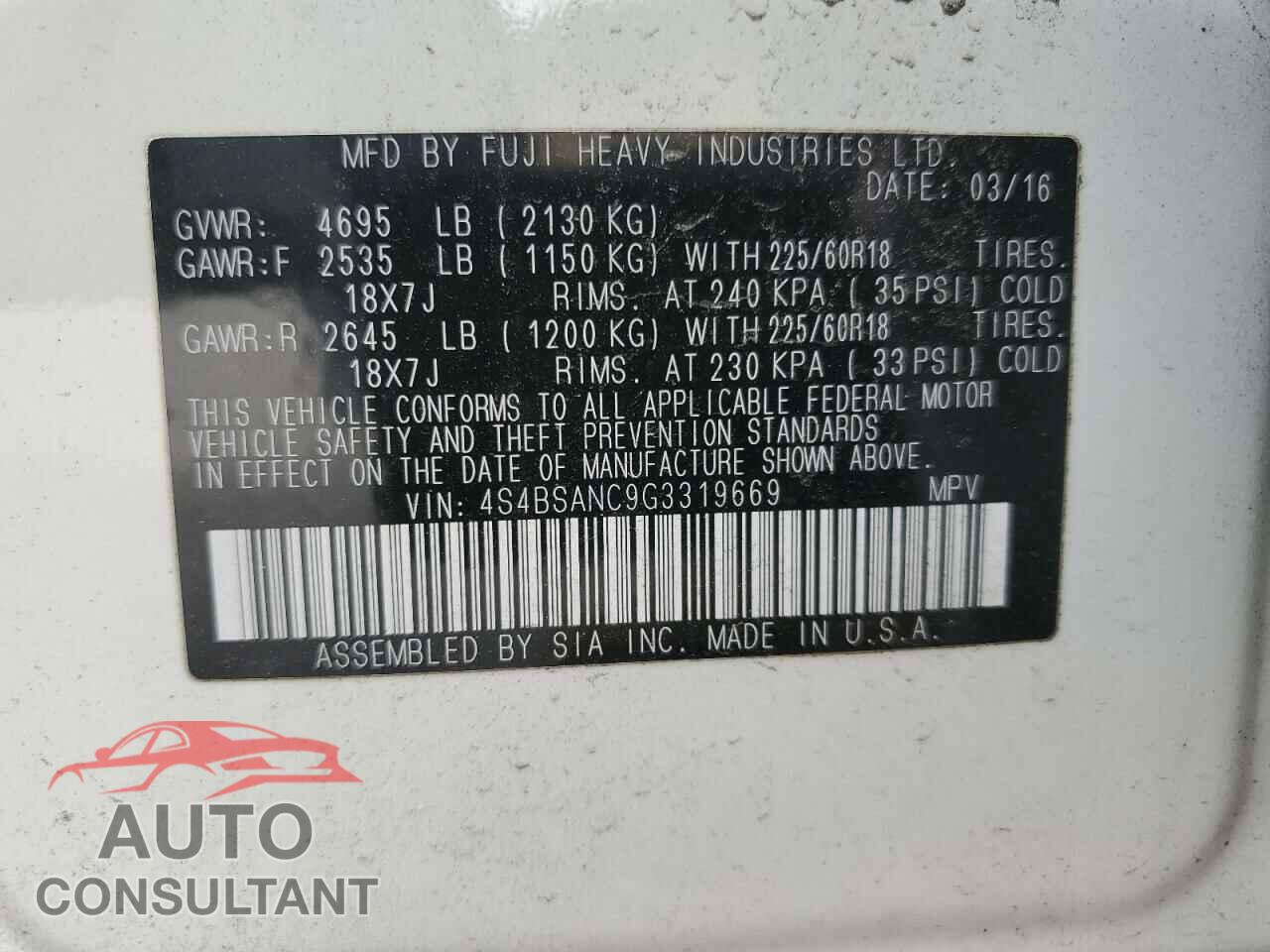 SUBARU OUTBACK 2016 - 4S4BSANC9G3319669