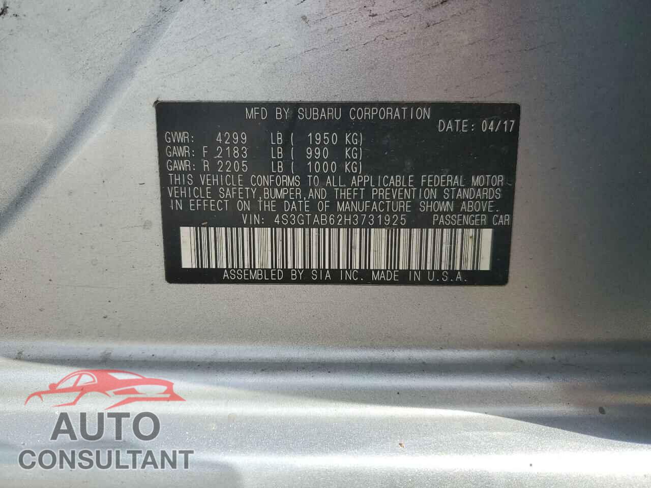 SUBARU IMPREZA 2017 - 4S3GTAB62H3731925