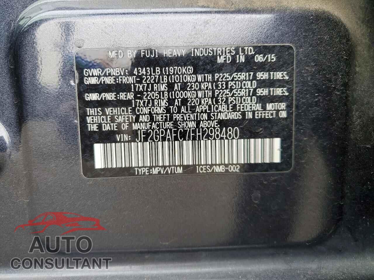 SUBARU XV 2015 - JF2GPAFC7FH298480