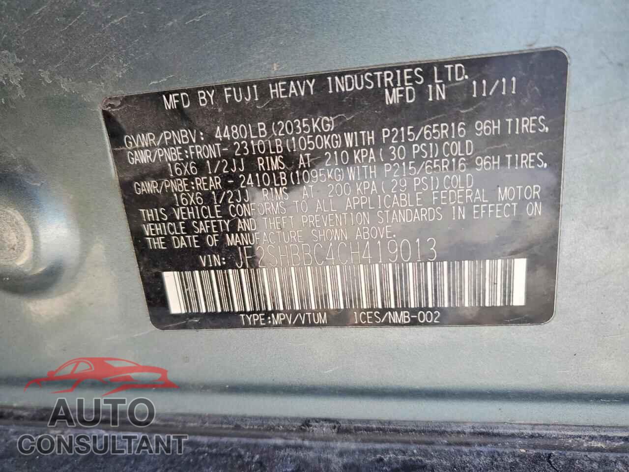 SUBARU FORESTER 2012 - JF2SHBBC4CH419013
