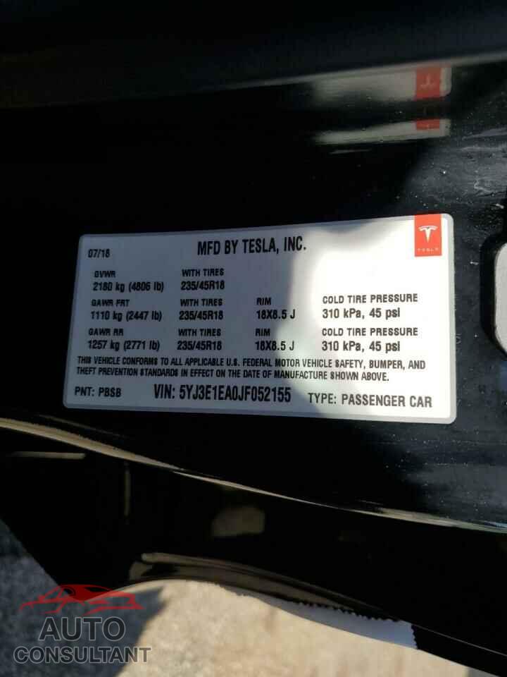 TESLA MODEL 3 2018 - 5YJ3E1EA0JF052155