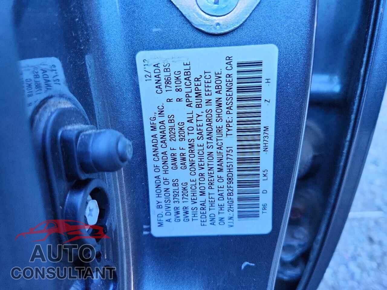 HONDA CIVIC 2013 - 2HGFB2F98DH517751