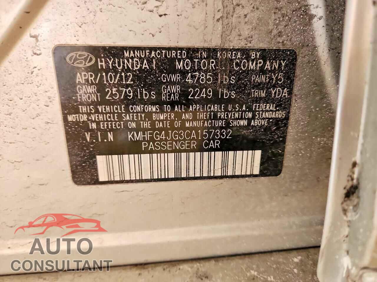 HYUNDAI AZERA 2012 - KMHFG4JG3CA157332