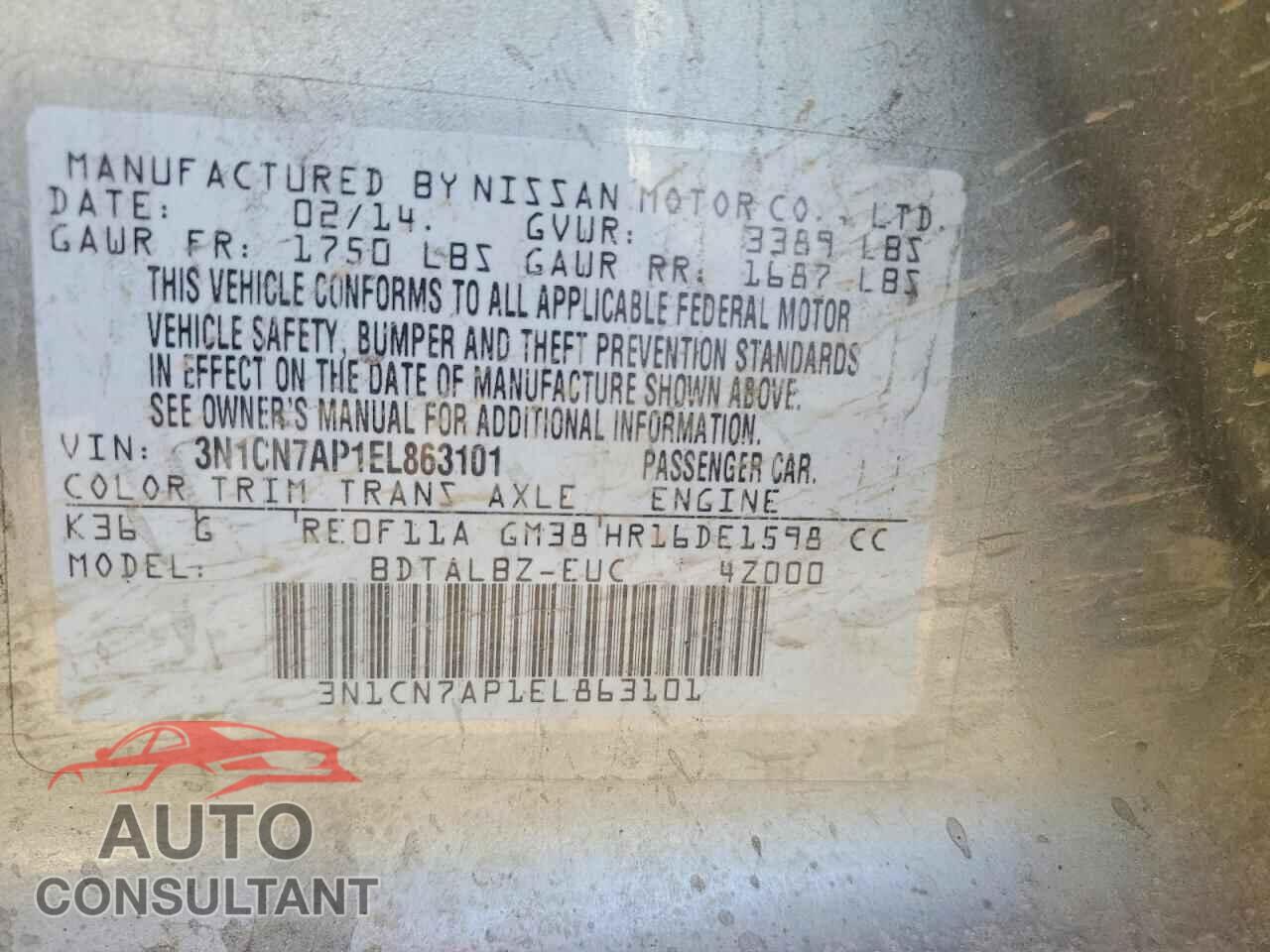 NISSAN VERSA 2014 - 3N1CN7AP1EL863101