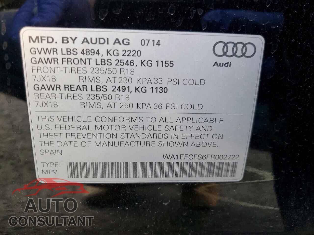 AUDI Q3 2015 - WA1EFCFS6FR002722