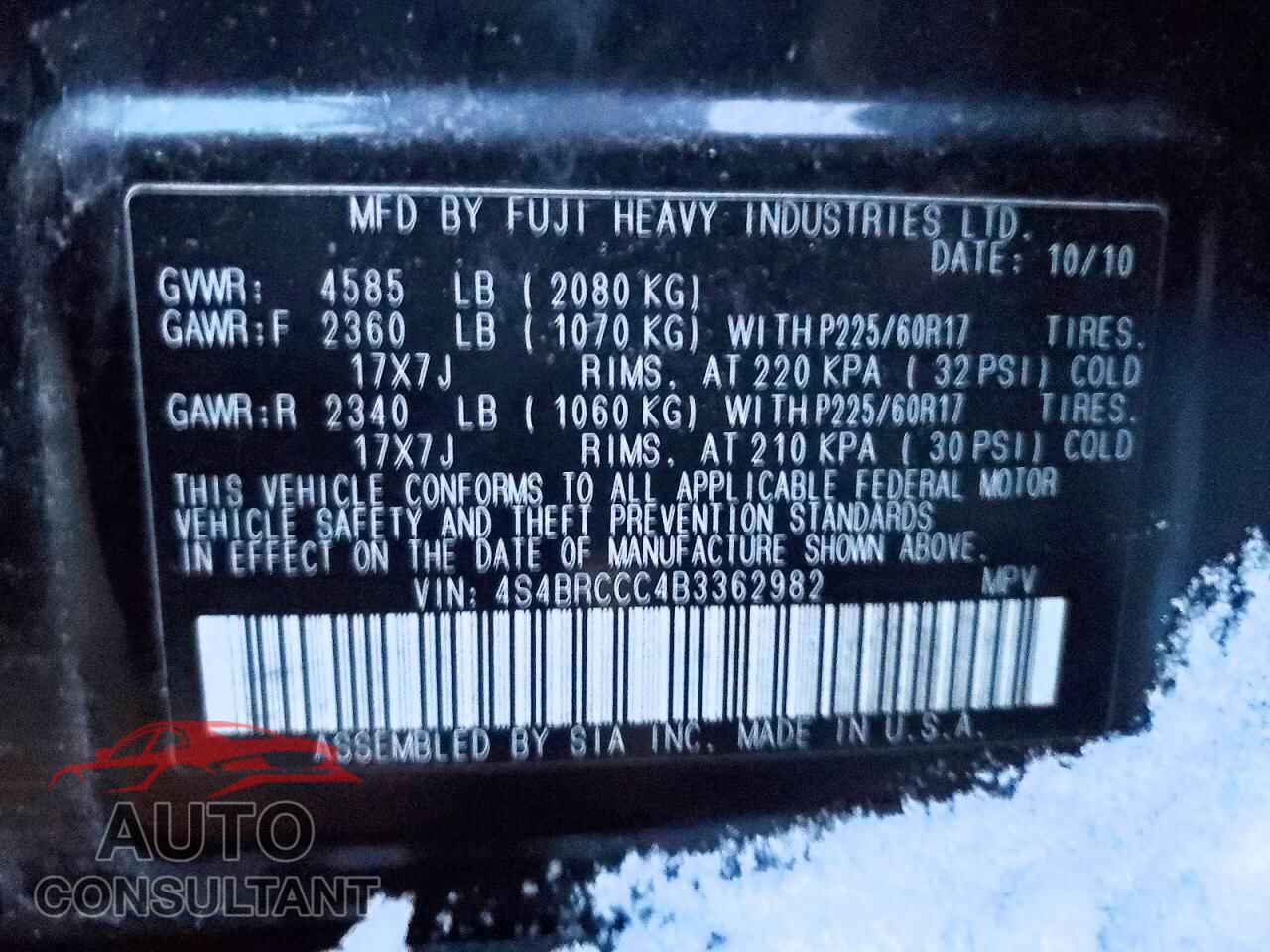 SUBARU OUTBACK 2011 - 4S4BRCCC4B3362982