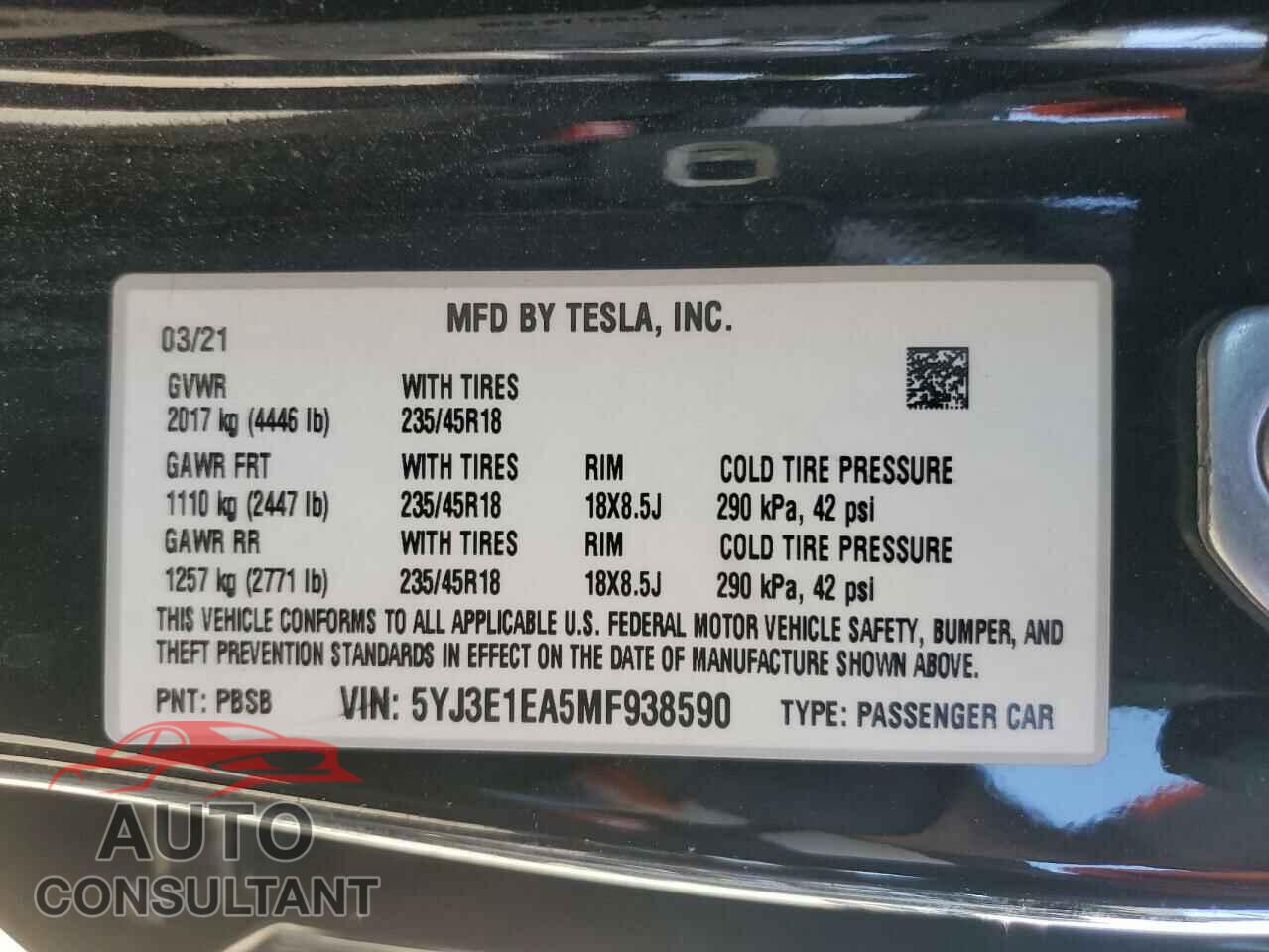 TESLA MODEL 3 2021 - 5YJ3E1EA5MF938590