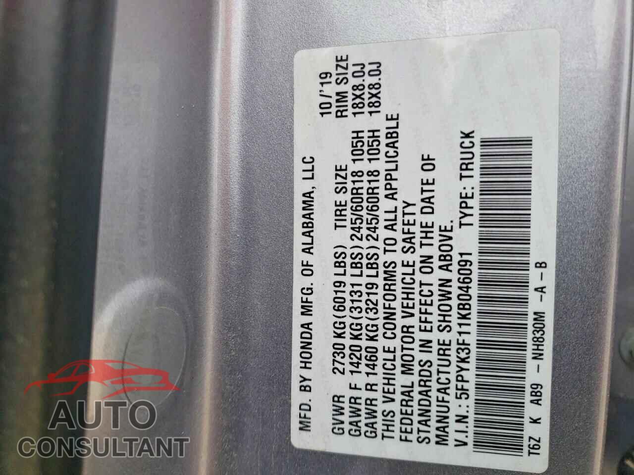 HONDA RIDGELINE 2019 - 5FPYK3F11KB046091
