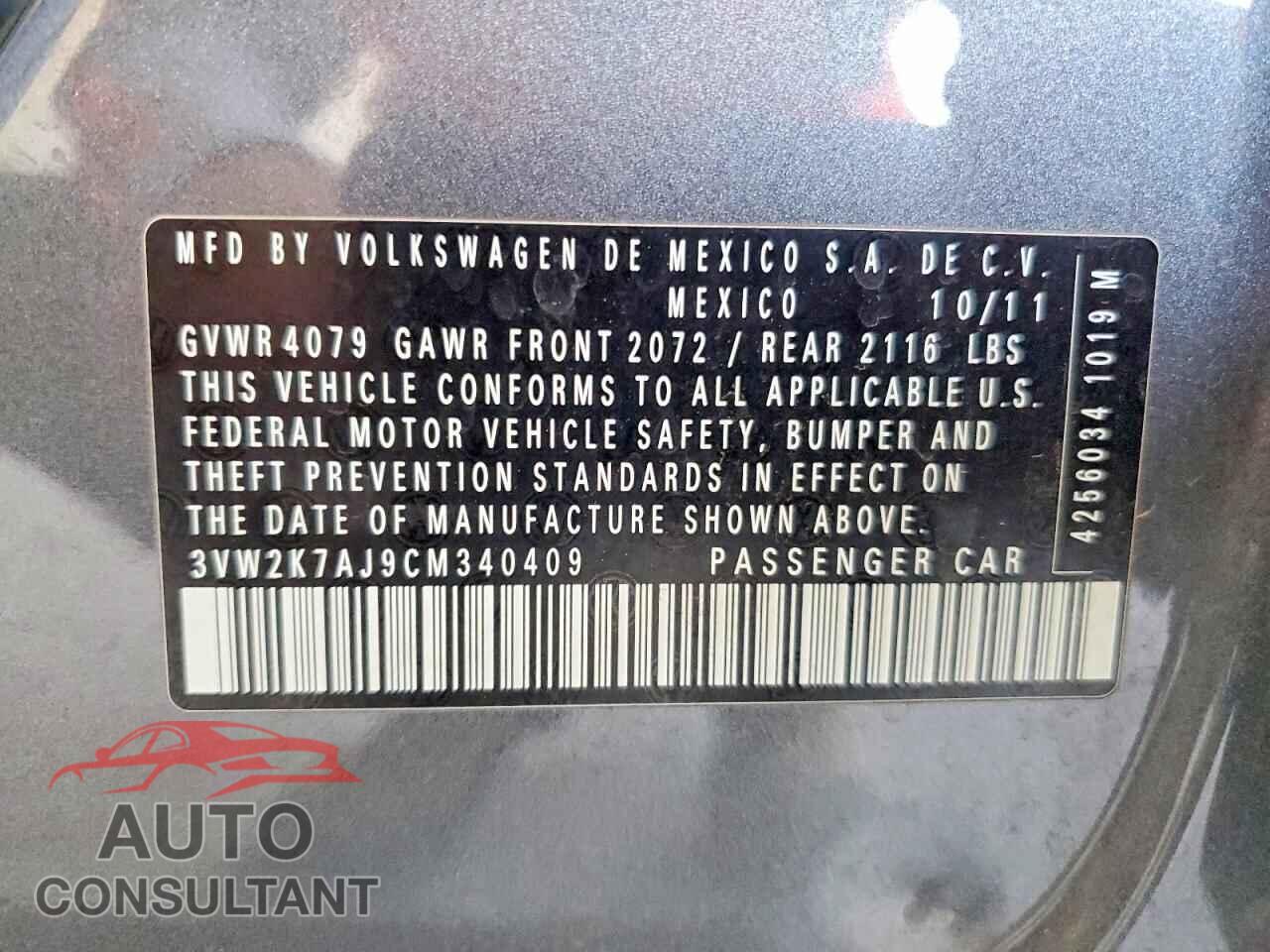 VOLKSWAGEN JETTA 2012 - 3VW2K7AJ9CM340409