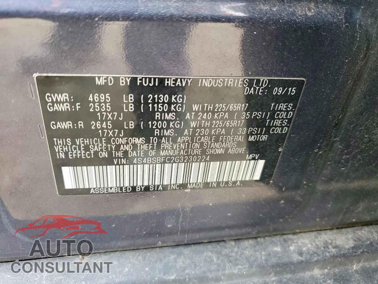 SUBARU OUTBACK 2016 - 4S4BSBFC2G3230224