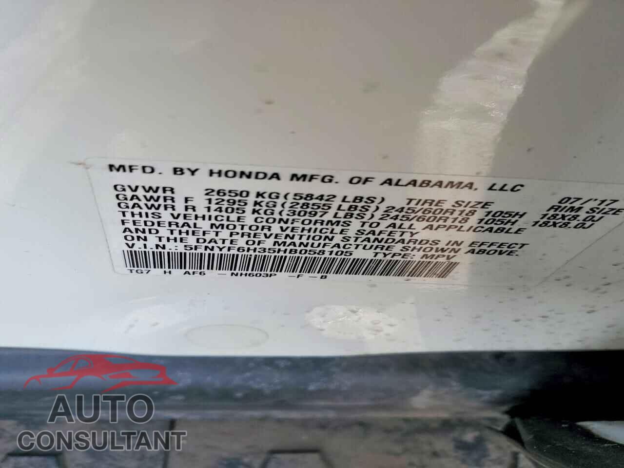 HONDA PILOT 2017 - 5FNYF6H35HB058105