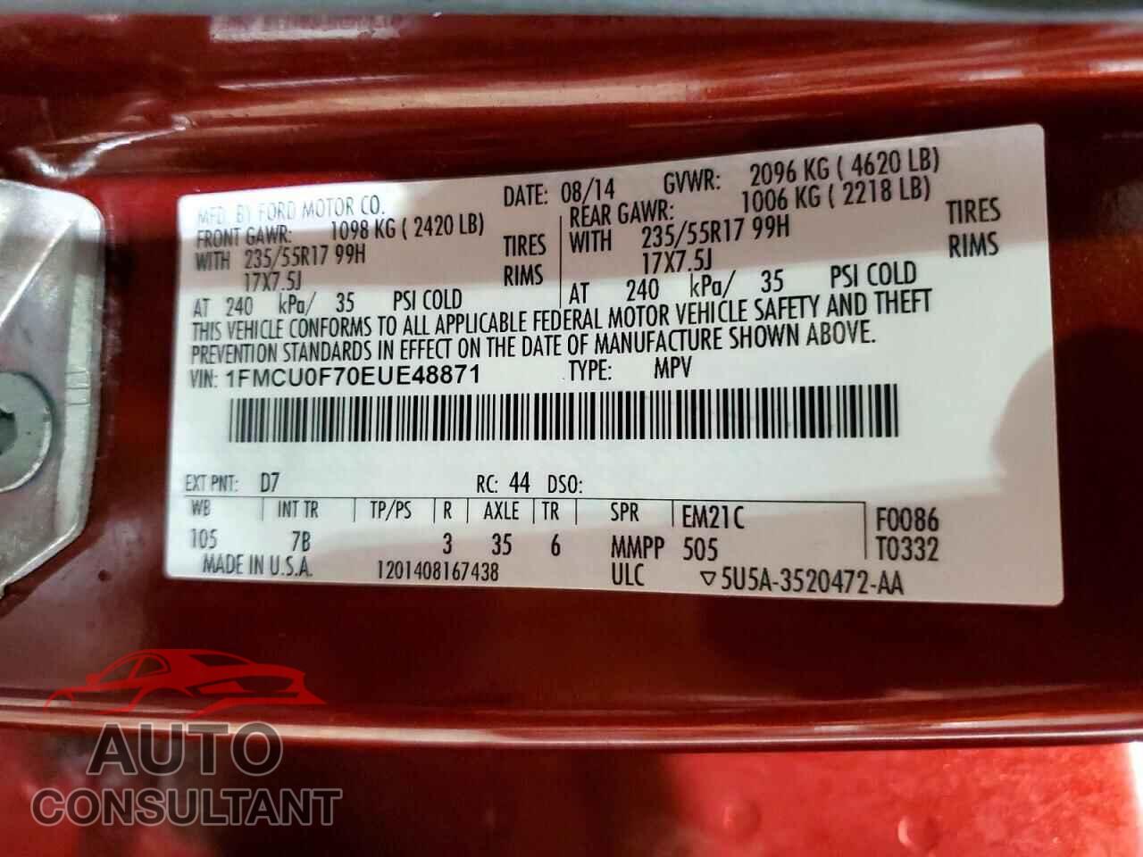 FORD ESCAPE 2014 - 1FMCU0F70EUE48871