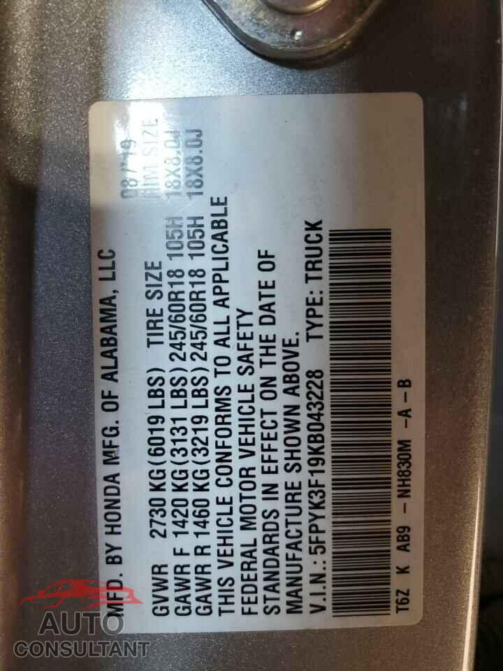 HONDA RIDGELINE 2019 - 5FPYK3F19KB043228