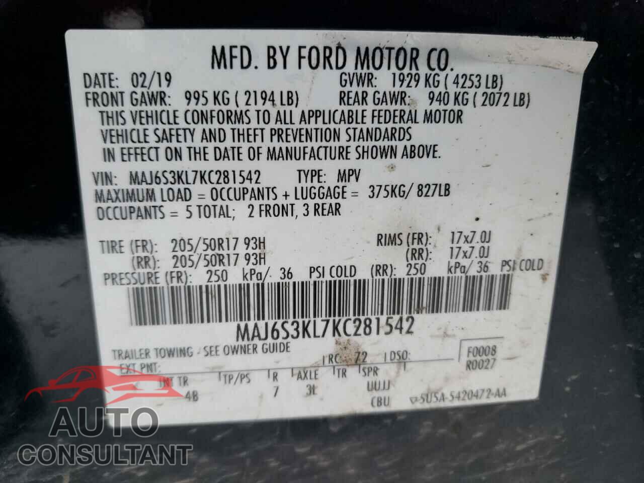 FORD ECOSPORT 2019 - MAJ6S3KL7KC281542