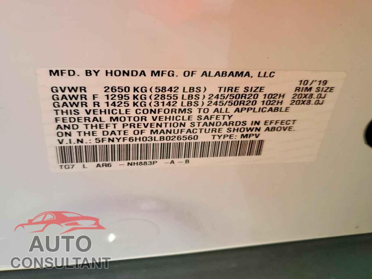 HONDA PILOT 2020 - 5FNYF6H03LB026560