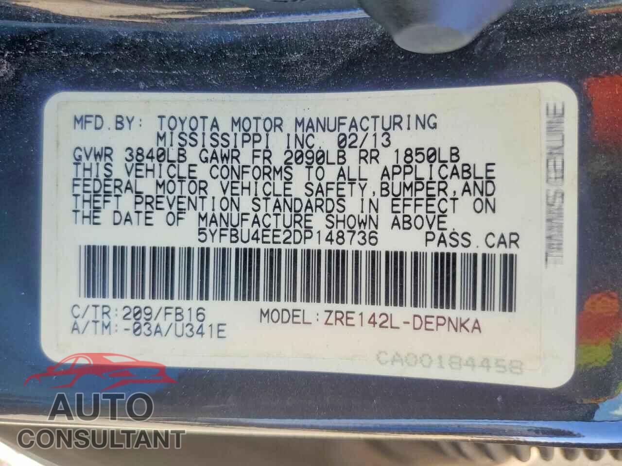TOYOTA COROLLA 2013 - 5YFBU4EE2DP148736