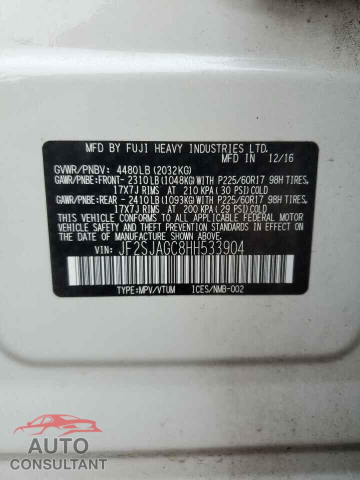 SUBARU FORESTER 2017 - JF2SJAGC8HH533904