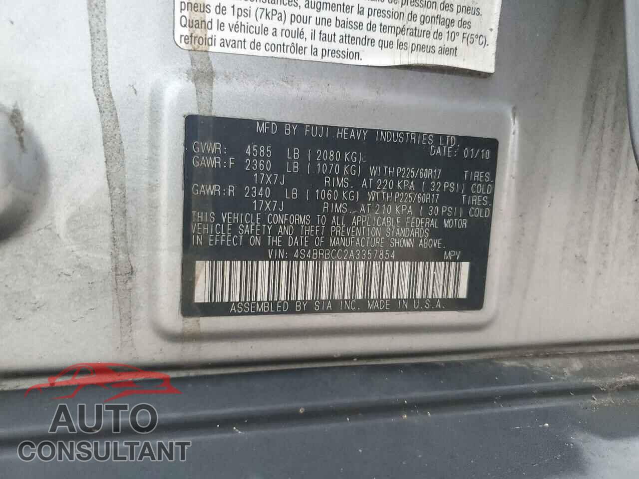 SUBARU OUTBACK 2010 - 4S4BRBCC2A3357854