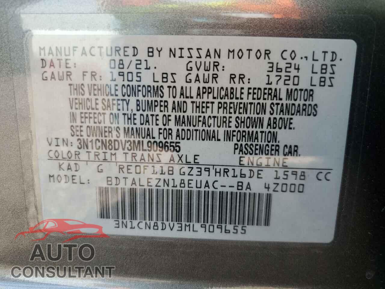 NISSAN VERSA 2021 - 3N1CN8DV3ML909655