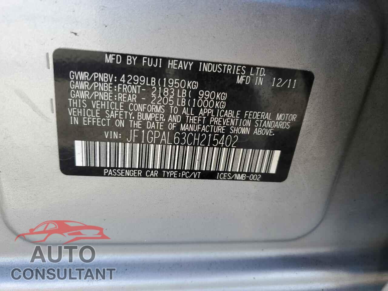 SUBARU IMPREZA 2012 - JF1GPAL63CH215402