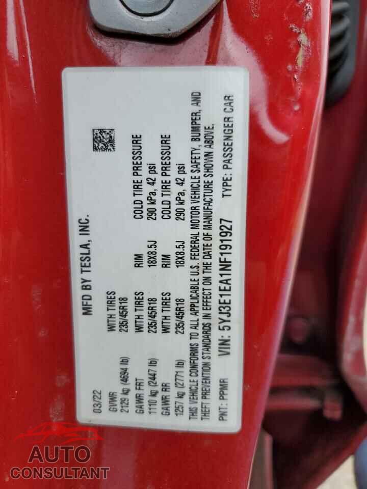 TESLA MODEL 3 2022 - 5YJ3E1EA1NF191927