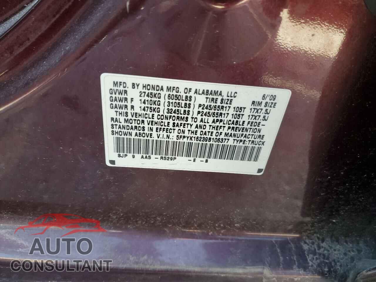 HONDA RIDGELINE 2009 - 5FPYK16239B106377