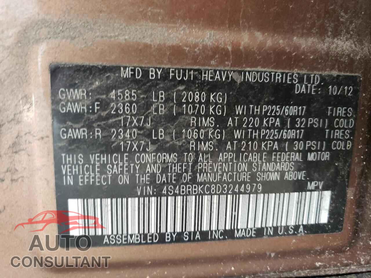 SUBARU OUTBACK 2013 - 4S4BRBKC8D3244979